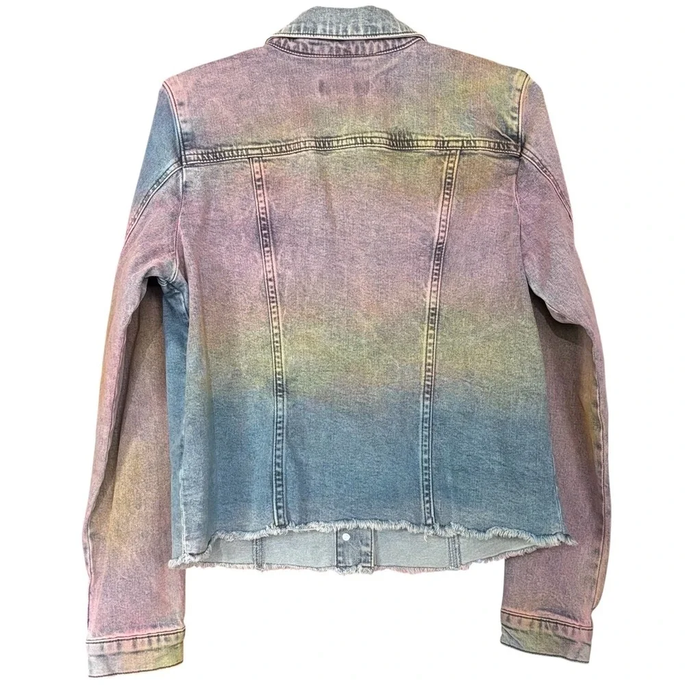 Kut From The Kloth Kara Frayed Hem Tie Dye Denim Trucker Jacket Women's Large - Picture 2 of 5